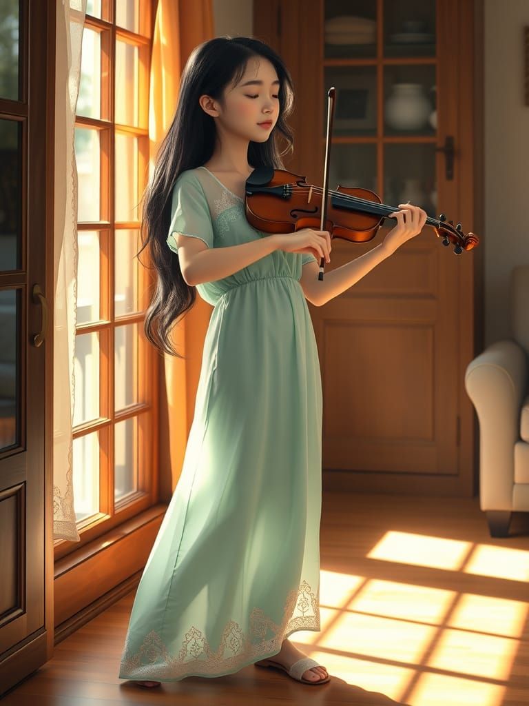 Asian Girl Lost in Violin Melody in Cozy Apartment