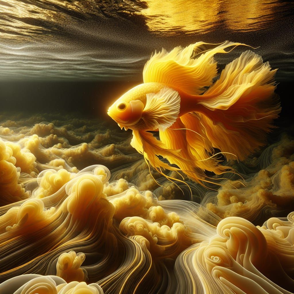 A mesmerizing yellow fish floats serenely in a transparent v...