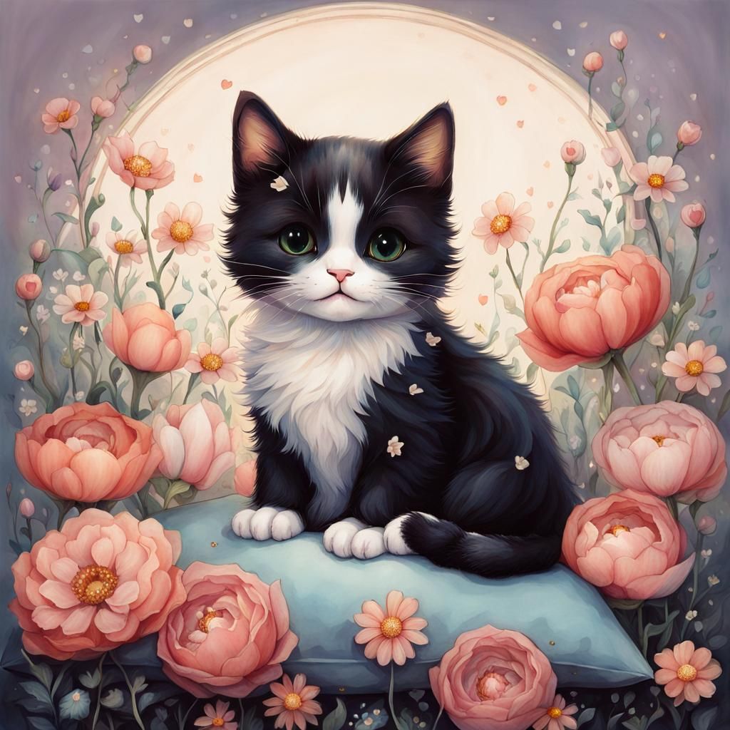 Cute Cat Surrounded by Flowers in Pop Surrealist Style