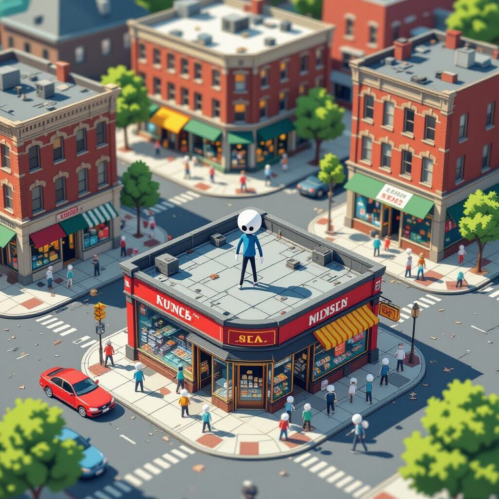 Isometric Stickman Overlooks City Street Corner