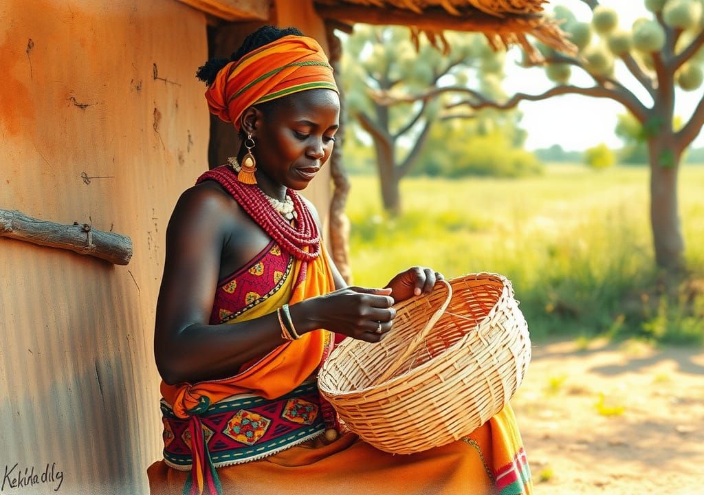Kikuyu Woman Weaving Basket: Watercolor Impression