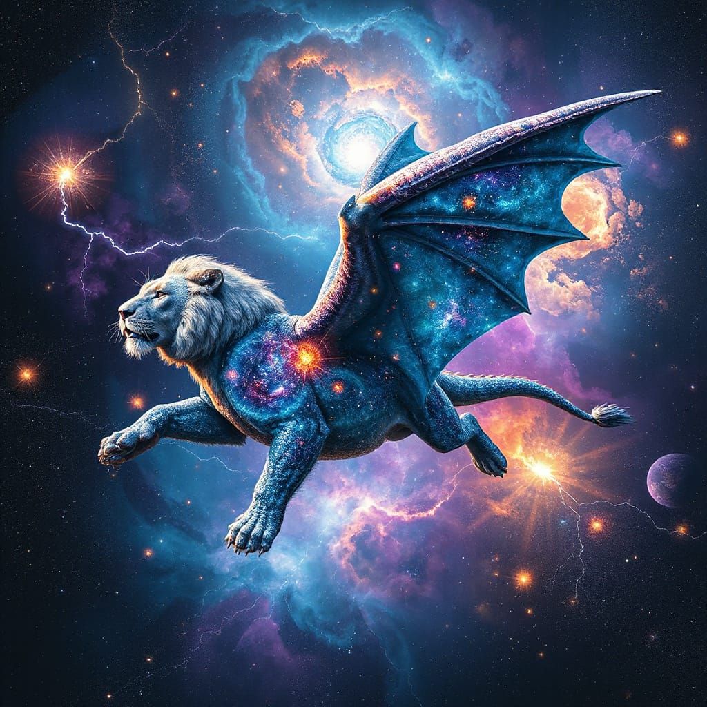 Cosmic Lion and Dragon Flight in Hyperrealism