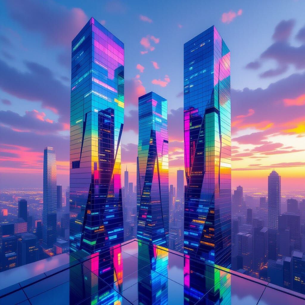 Rainbow Skyscrapers Reflecting Abstract Cityscape