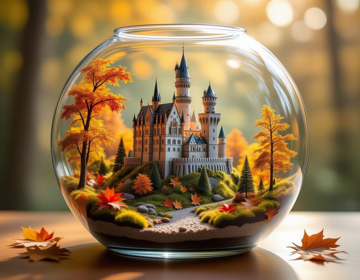 Enchanting Autumn Castle Diorama in Glass Aquarium