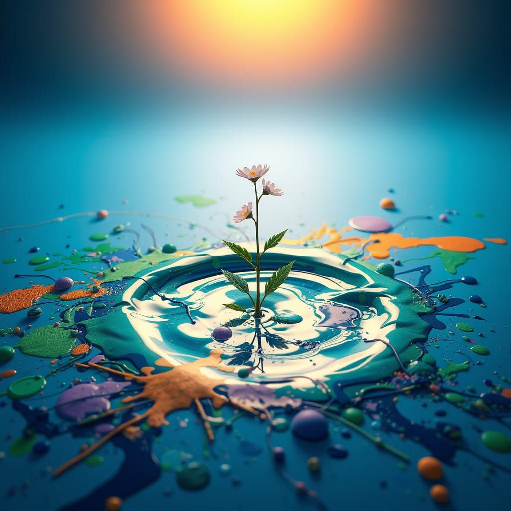 Vibrant Spring Blooms from Splattered Paint Pool in Gradient...