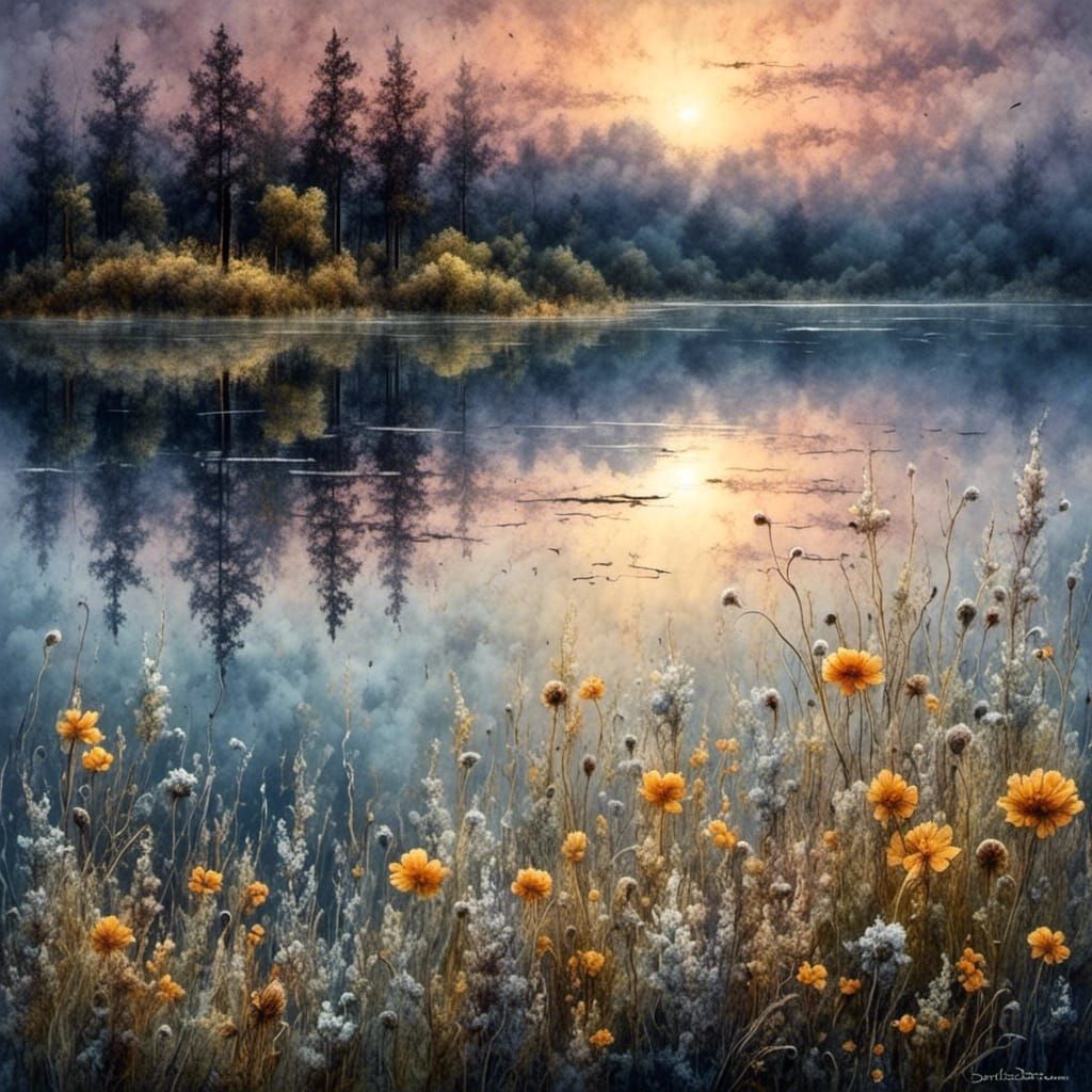 Moonrise Over Conesus Lake in Watercolor Style