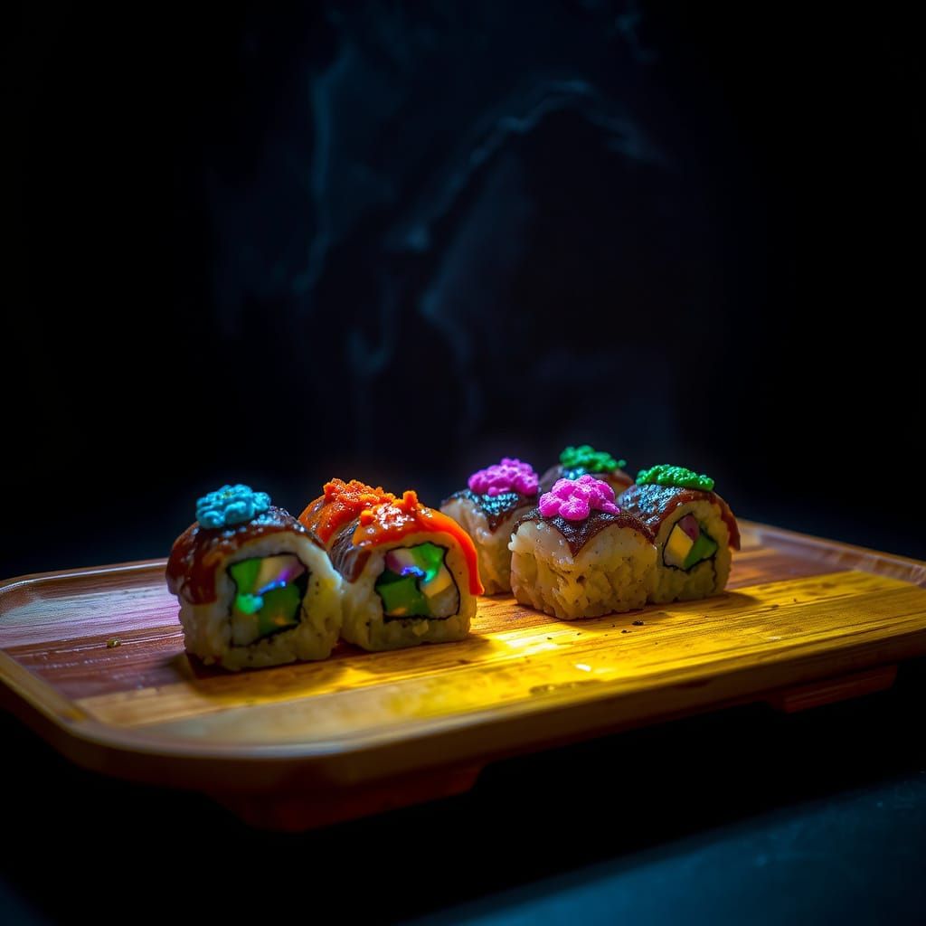 Hyperrealistic Sushi in Cosmic, Sci-Fi Style