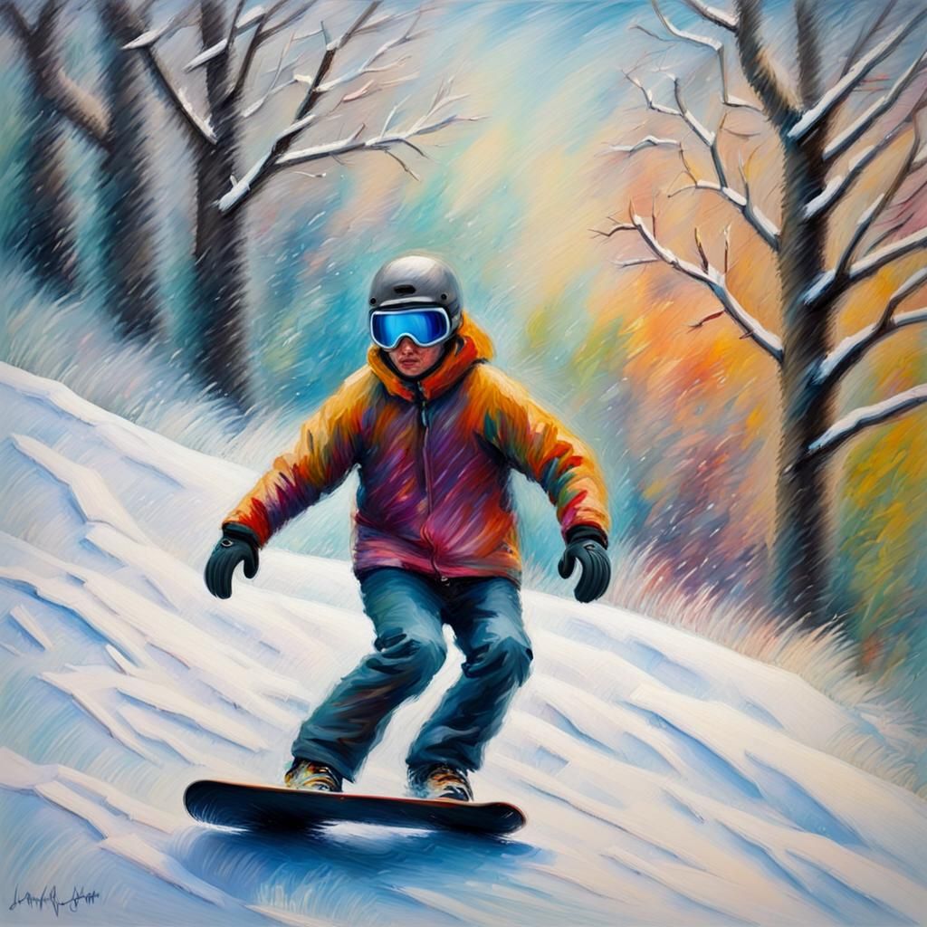 Snowboarder in Snowstorm: Neo-Impressionist Oil Painting