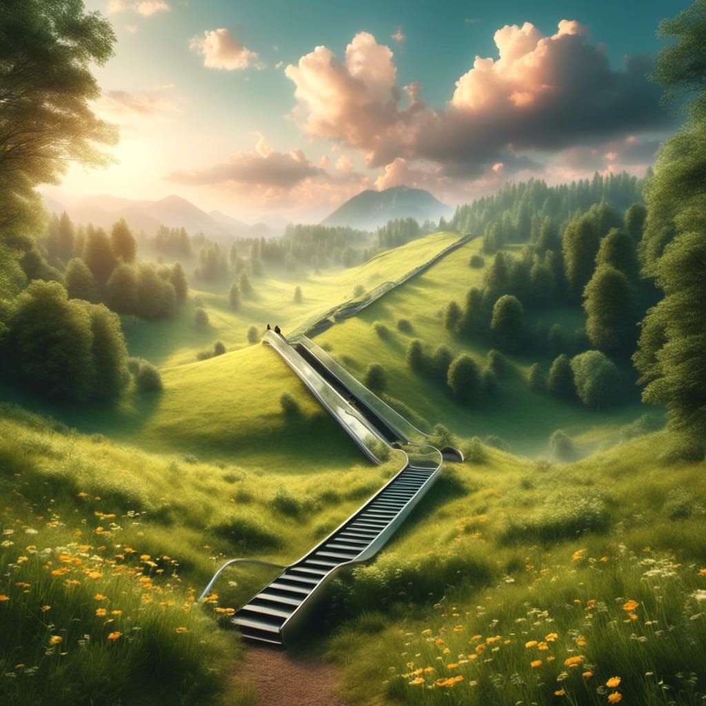 In an idyllic pastoral meadow, an escalator rises into the heavens <lora:IdyllicWorld:1.0>
