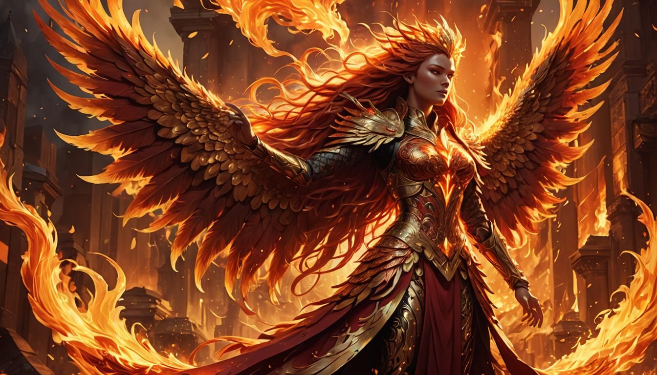 Phoenix Queen Amidst Blazing Inferno: Fantasy Art