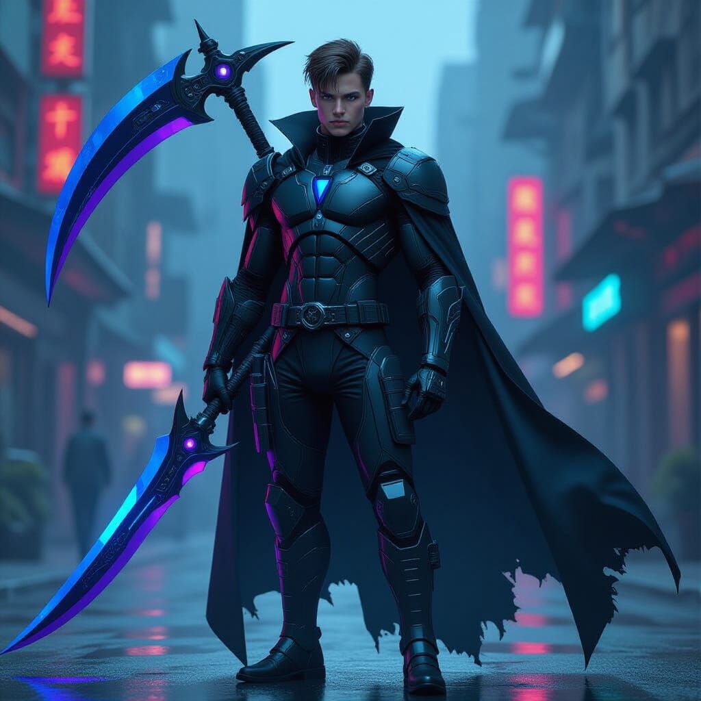 Cyberpunk Warrior with Scythe in Futuristic Cityscape