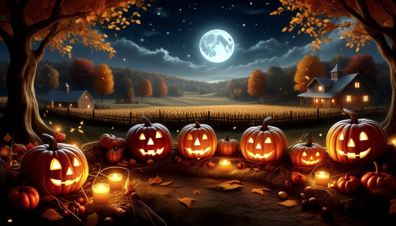 Ethereal Autumn Harvest Pumpkins Glow in Moonlight