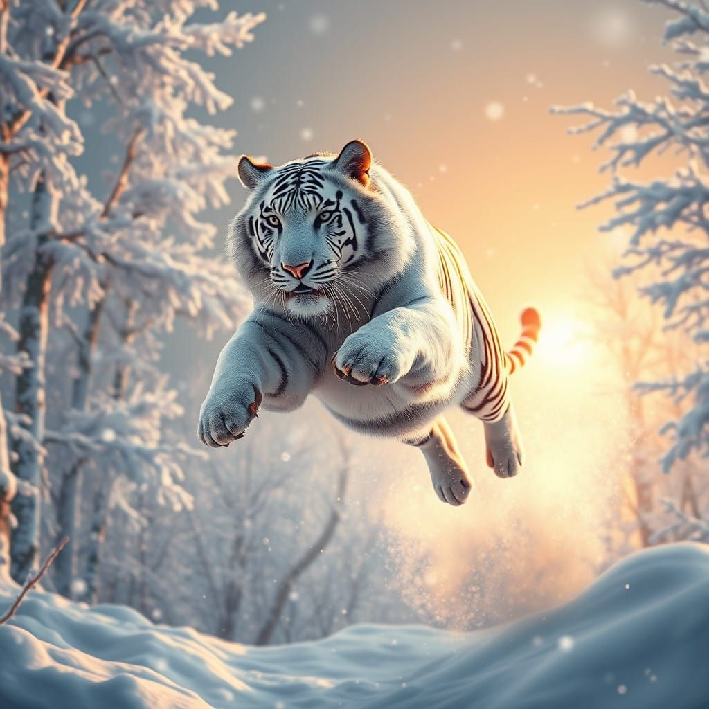 Majestic White Siberian Tiger in Winter Wonderland