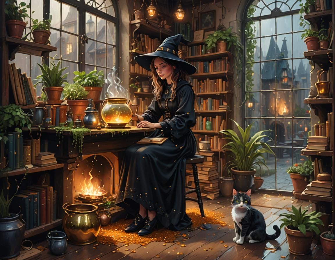 Young Witch with Cauldron in Baroque Impressionism Style