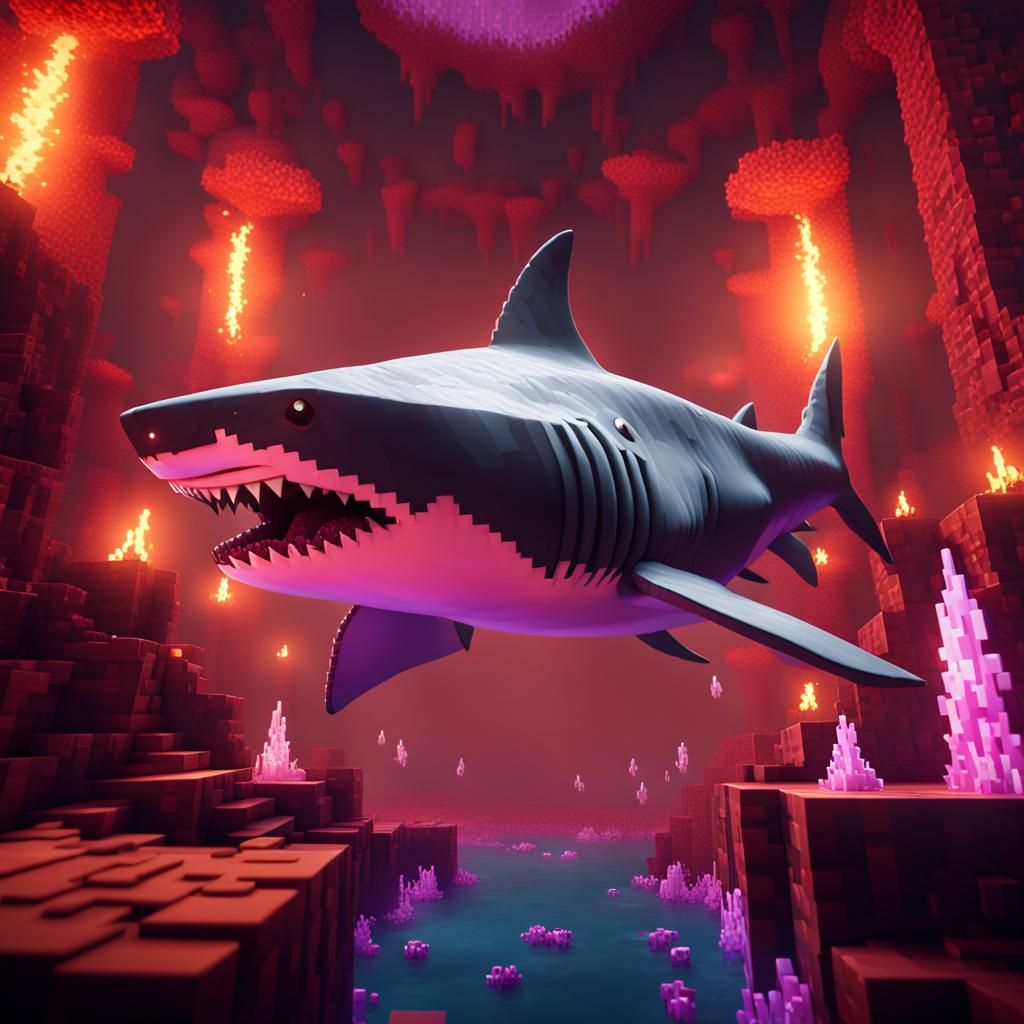 Shark Plays Minecraft in Nether: Fantasy Art