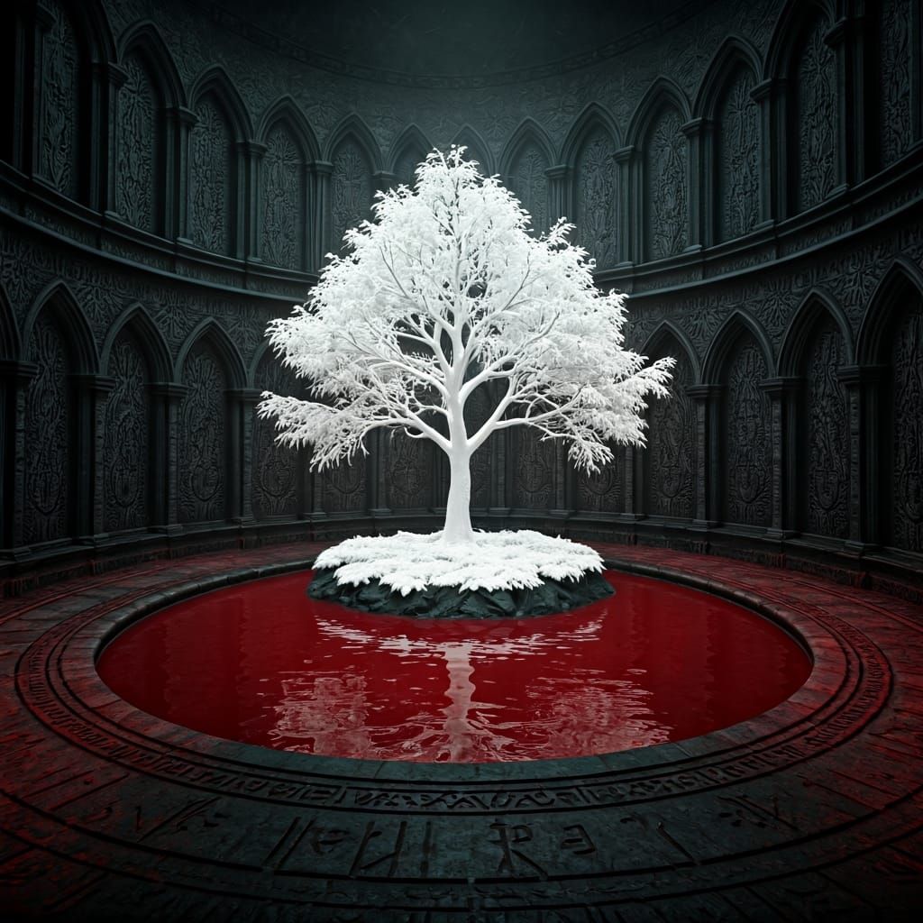 Surreal Ritualistic Courtyard with White Tree
