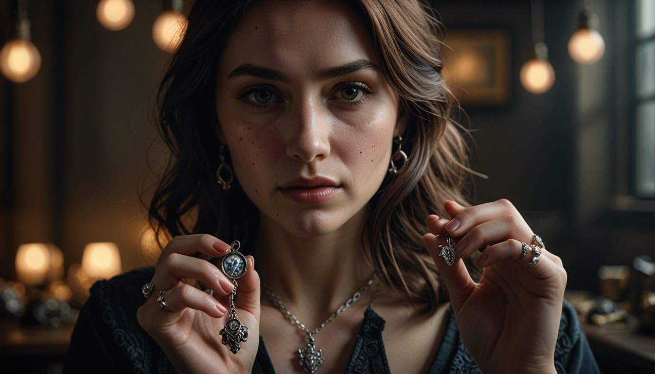 Woman Holding Charms: Hyperrealistic Close-Up Photography