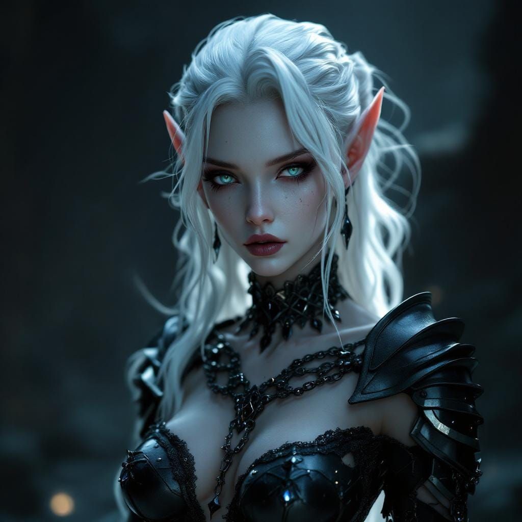 Gothic Elven Queen in Moonlit Void: 3D Render
