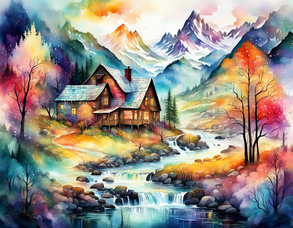 Magical Landscape with Wolf in Watercolor Style