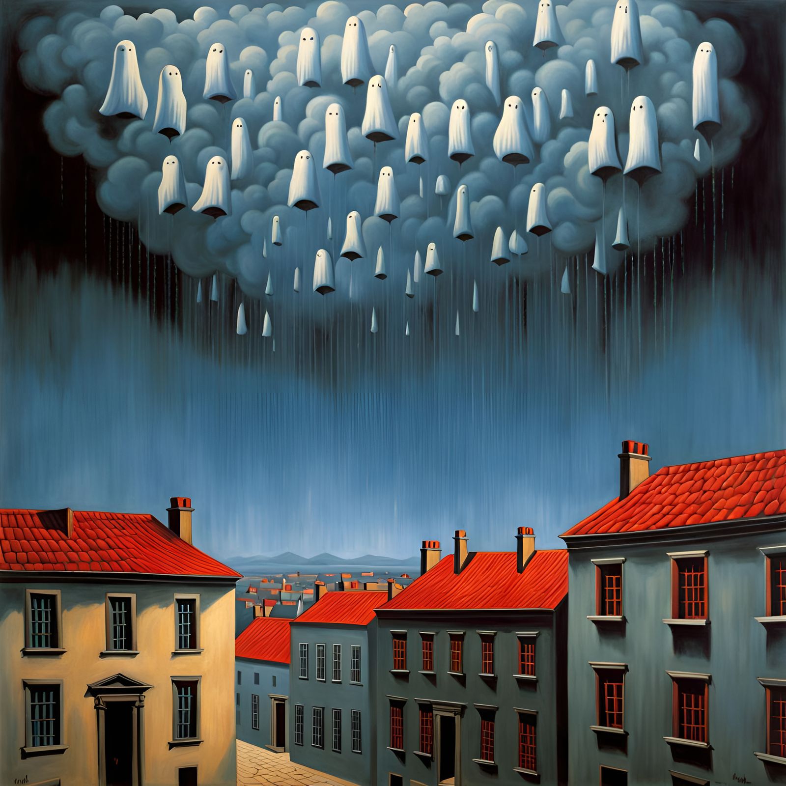 GOLCONDA by René Magritte: "RAINING GHOSTS"