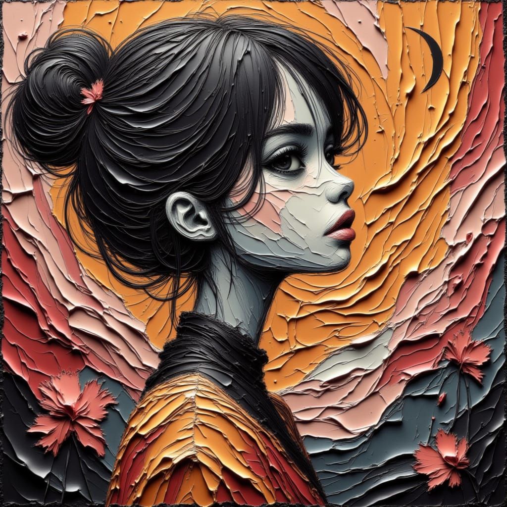 80s Anime Style Beautiful Woman with Zentangle Pattern