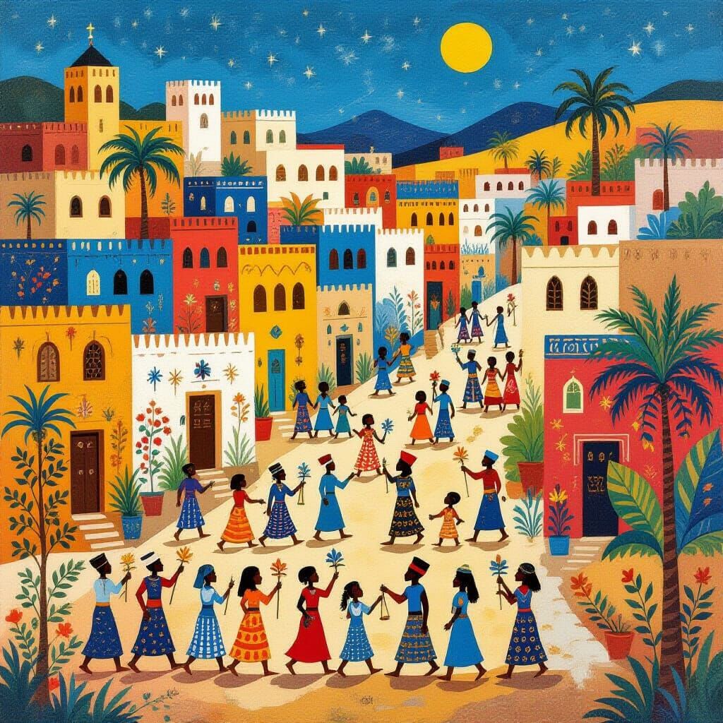 Vibrant Egyptian Folk Art Village Scene