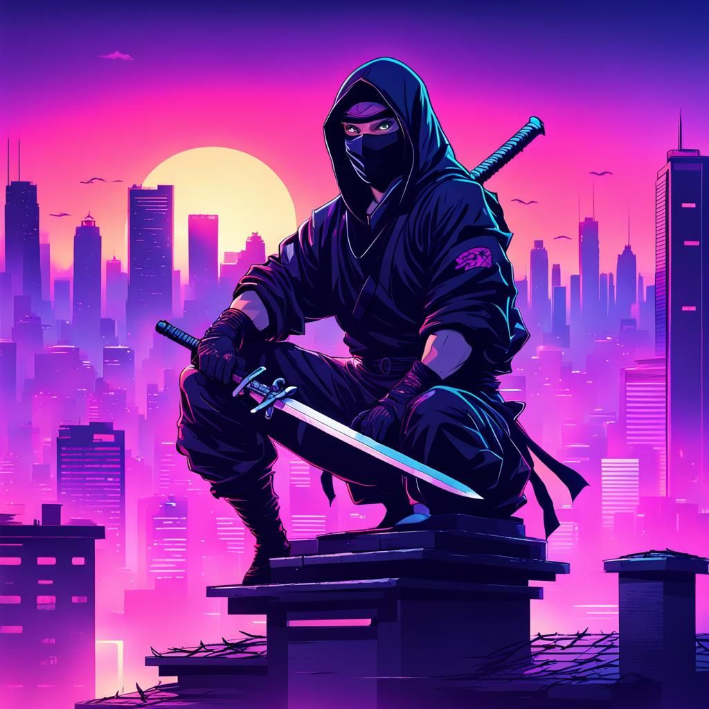 Ninja on Rooftop: Synthwave Cityscape at Sunset