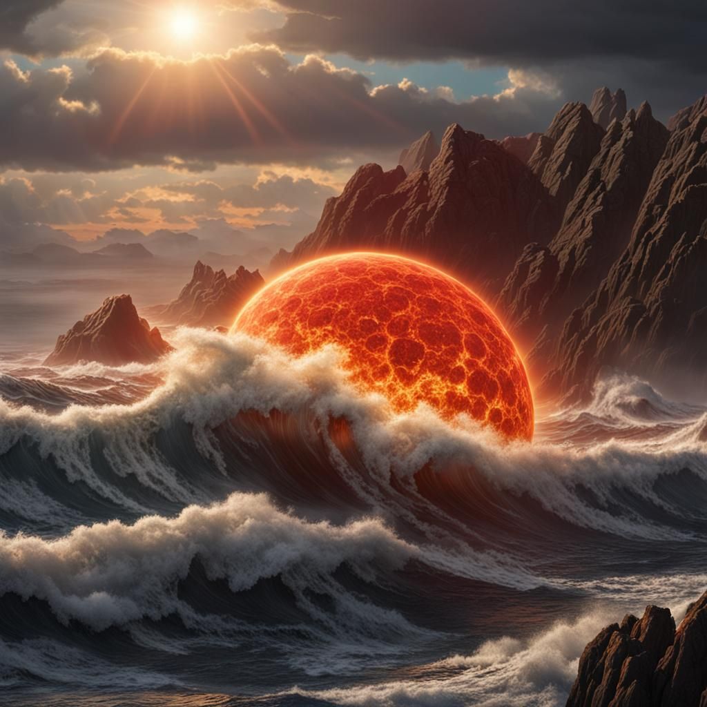 Red Giant Sun Rising Over Turbulent Ocean