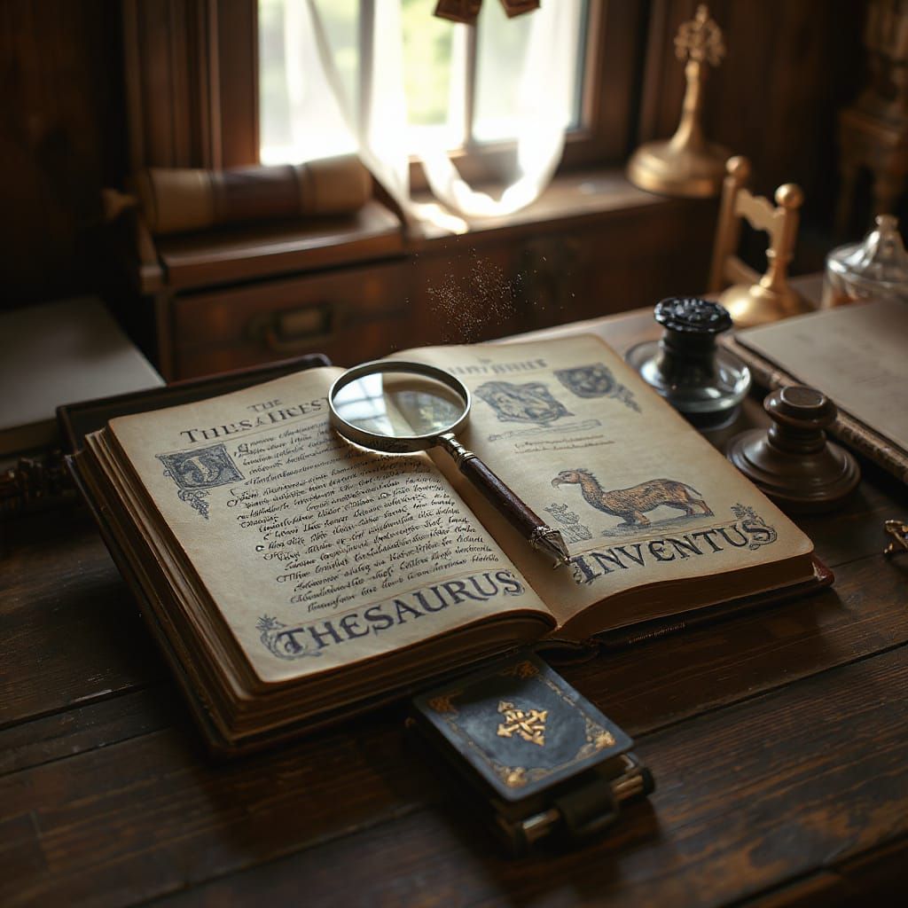Ancient Thesaurus Book on Desk with Quill and Sunlight