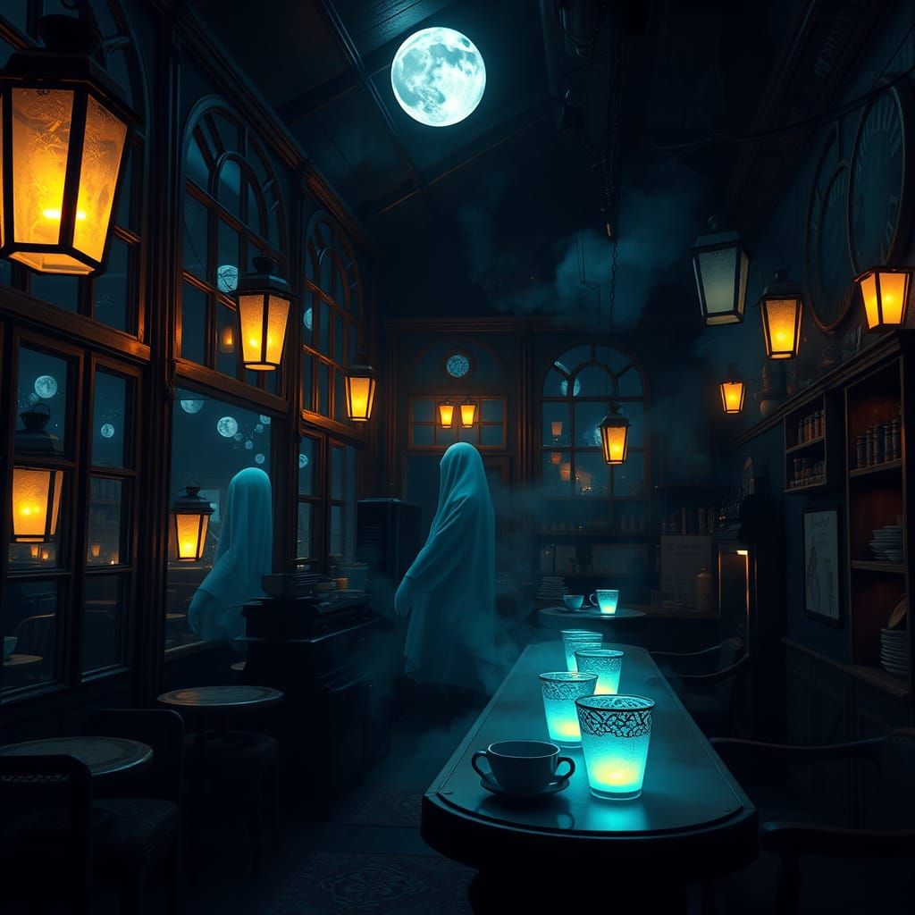 Spooky Moonlit Coffee House with Ethereal Atmosphere