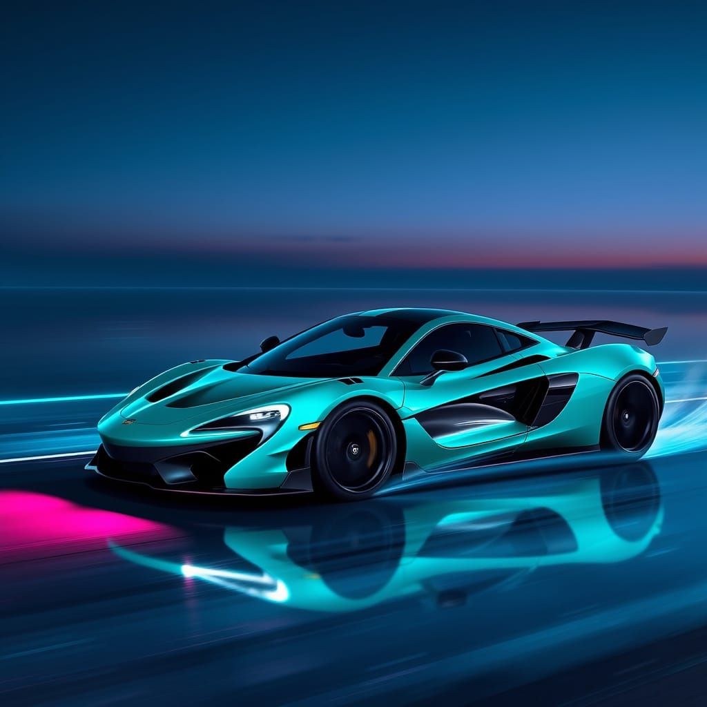 Teal McLaren P1 on Neon Lake, Futuristic Design