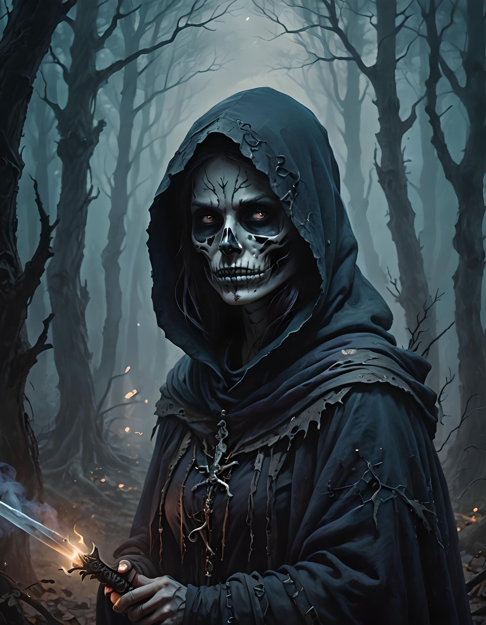 Striking Depiction of Death in a Dark Forest