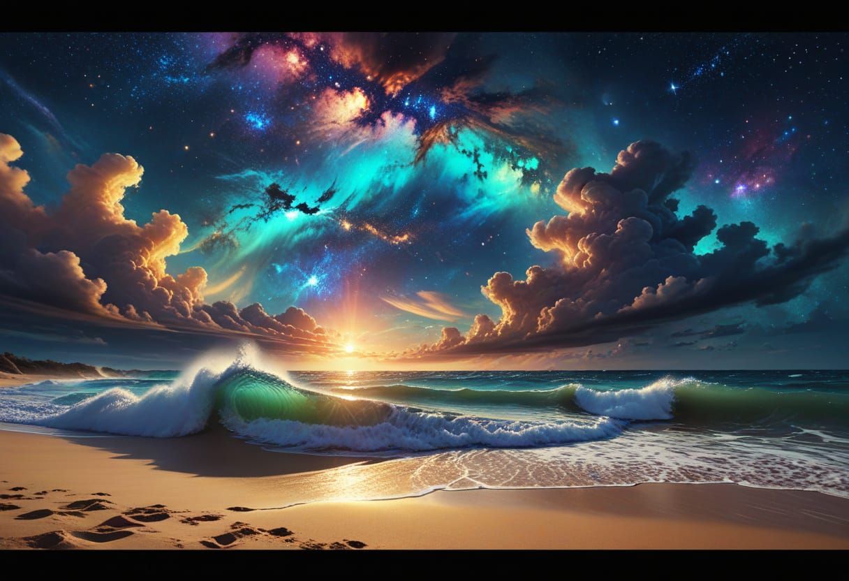 Cosmic Landscape with Nebula Clouds and Luminous Ocean
