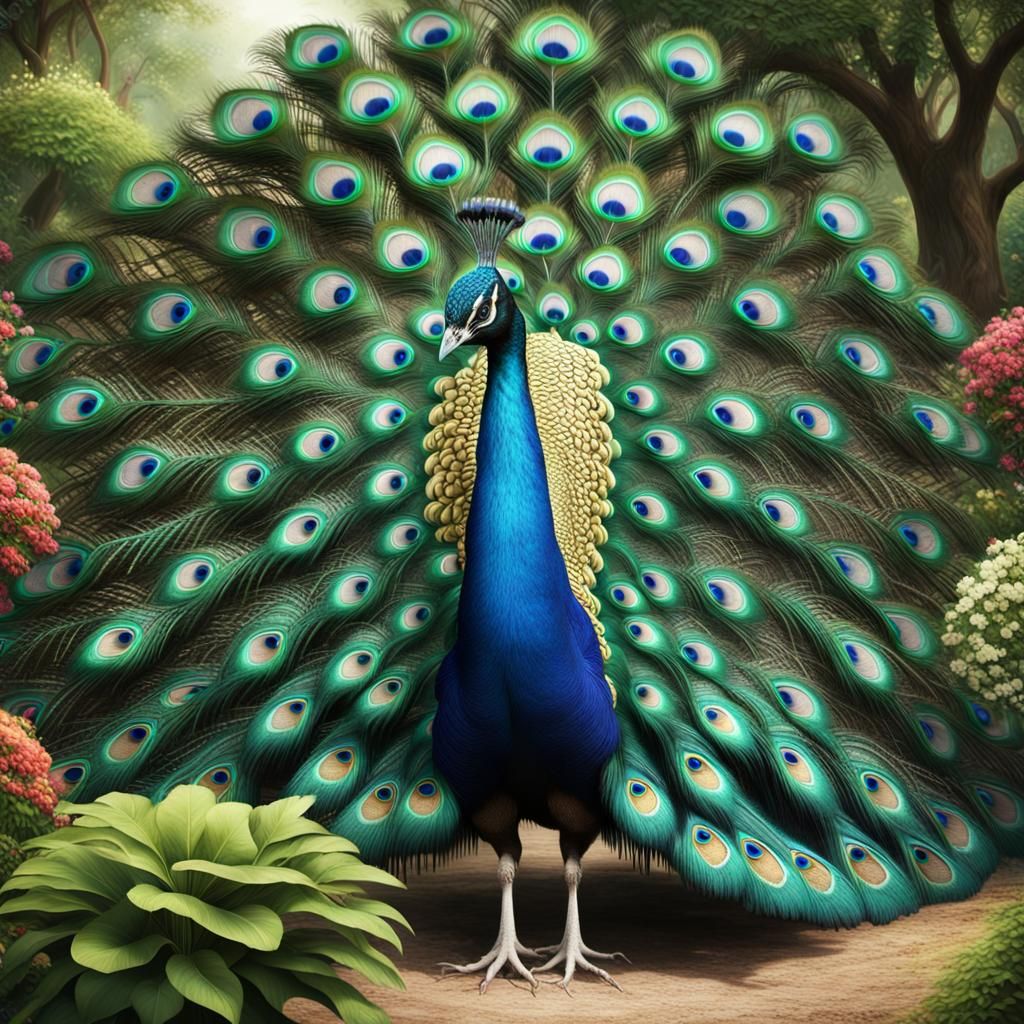 Peacock Displaying Feathers in Botanical Garden Digital Pain...