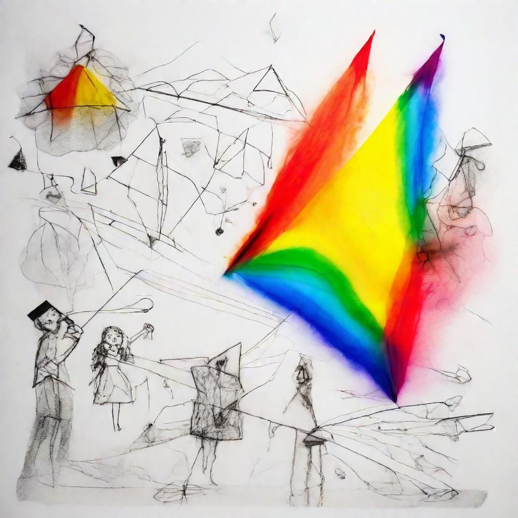 Surreal Child's Drawing: Flying Kites and Rainbow Fairy