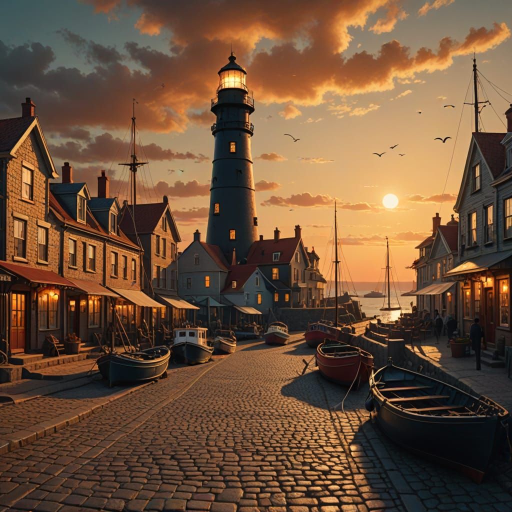 Coastal Town Lighthouse: Digital Matte Painting at Golden Ho...