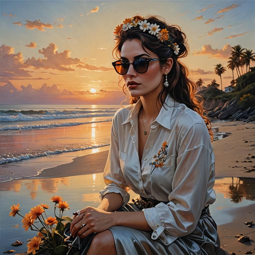 Beatnik Woman with Sunset Glasses, Acrylic Painting