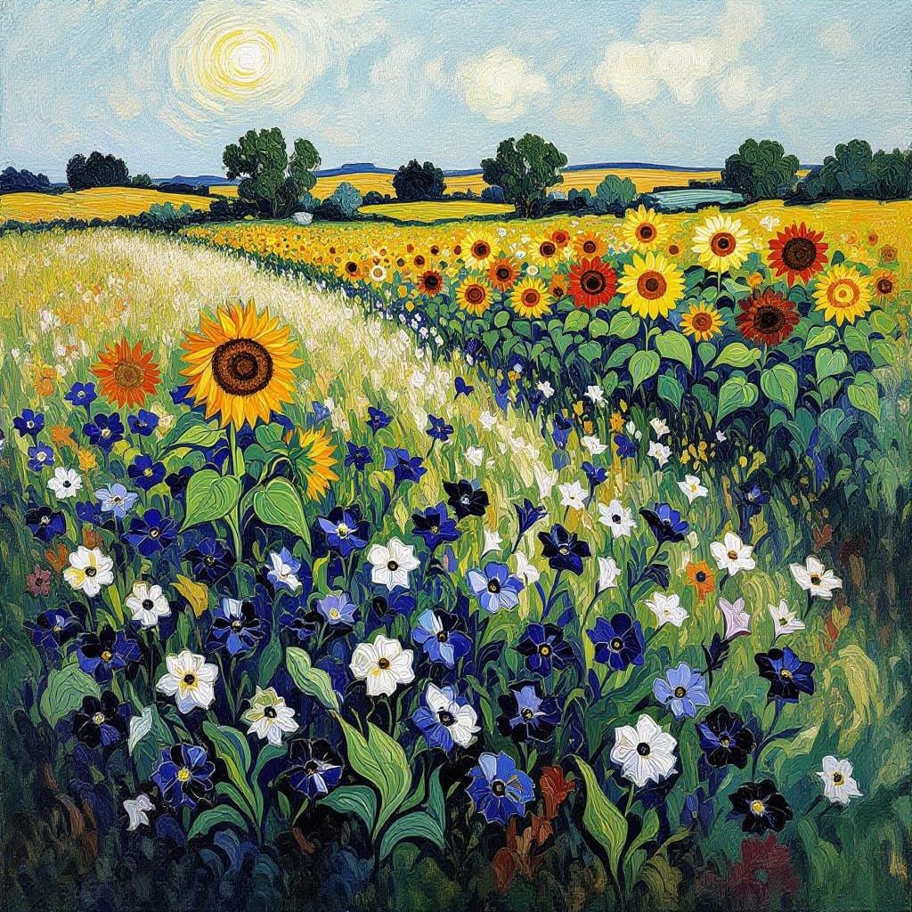 Vibrant Cornflower Field with Sunflowers in Van Gogh Style