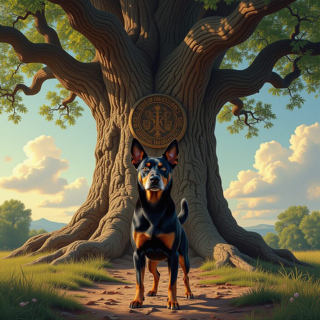 Regal German Pinscher Stands Before Ancient Tree