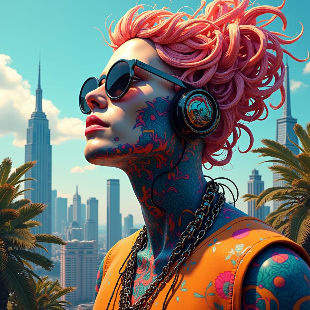 Futuristic Cityscape Portrait with Glitch Art Elements