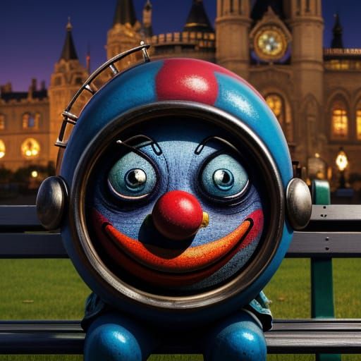 Surreal Clown on Park Bench with Melting Clock