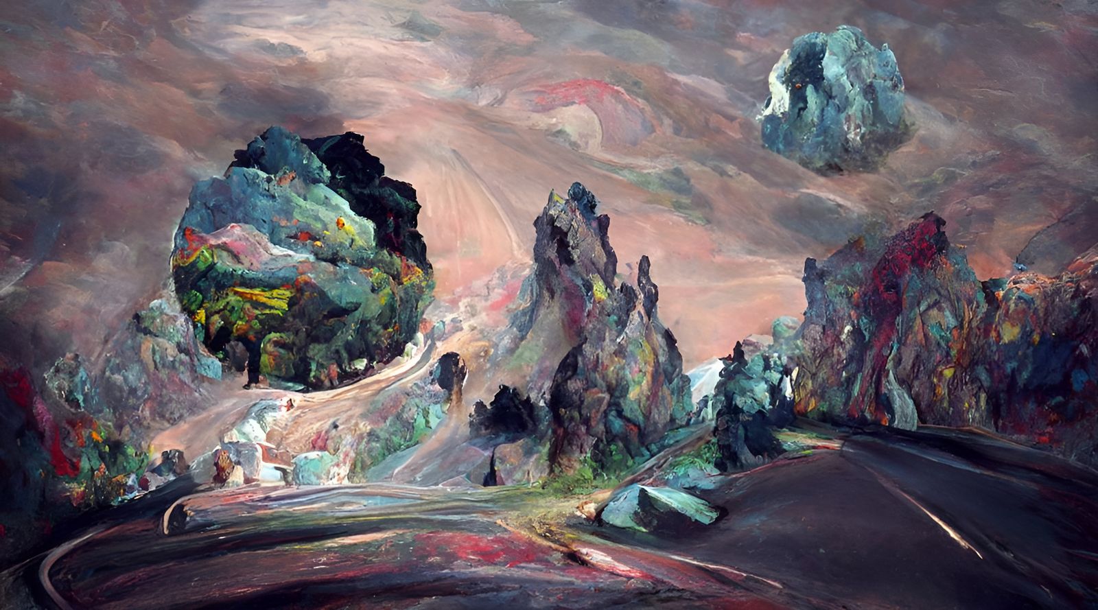 Winding Road in Surrealist Landscape, Cel-Shaded Style