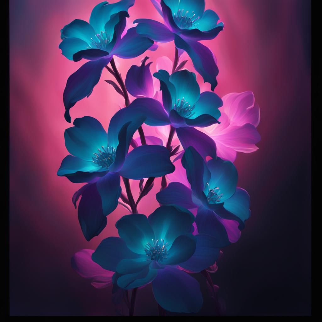 Painting of beautiful neon blue flowers with neon purple bac...