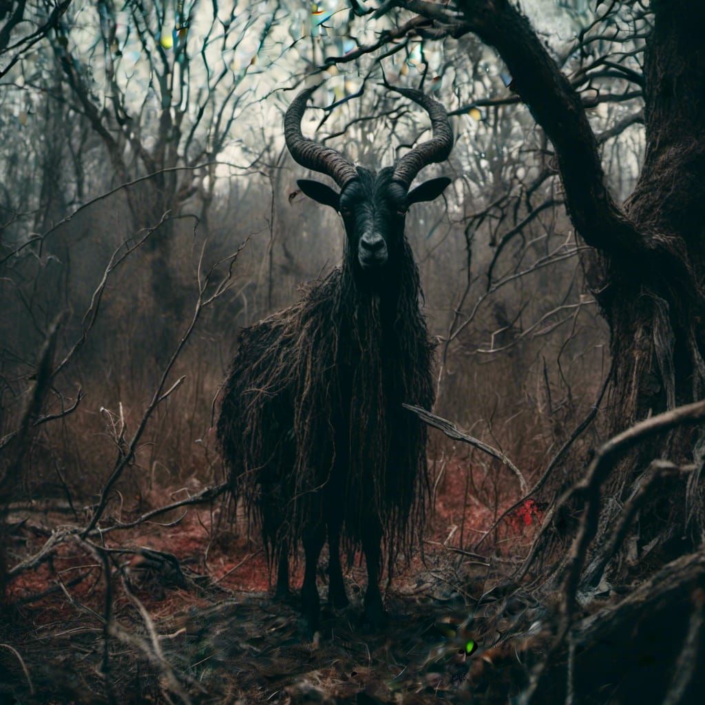 Eerie New England Landscape with Sinister Goat Figure