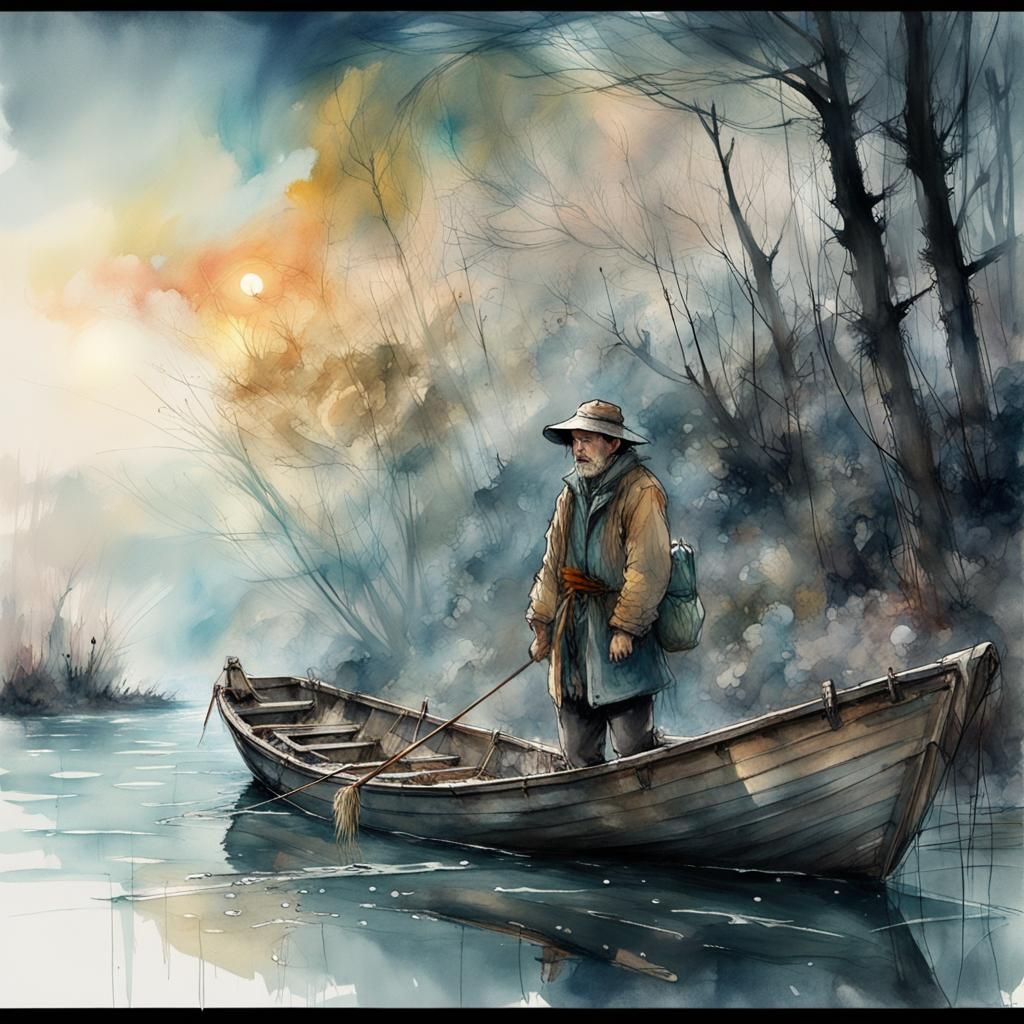 Fisherman on Misty River, Studio Ghibli Watercolor
