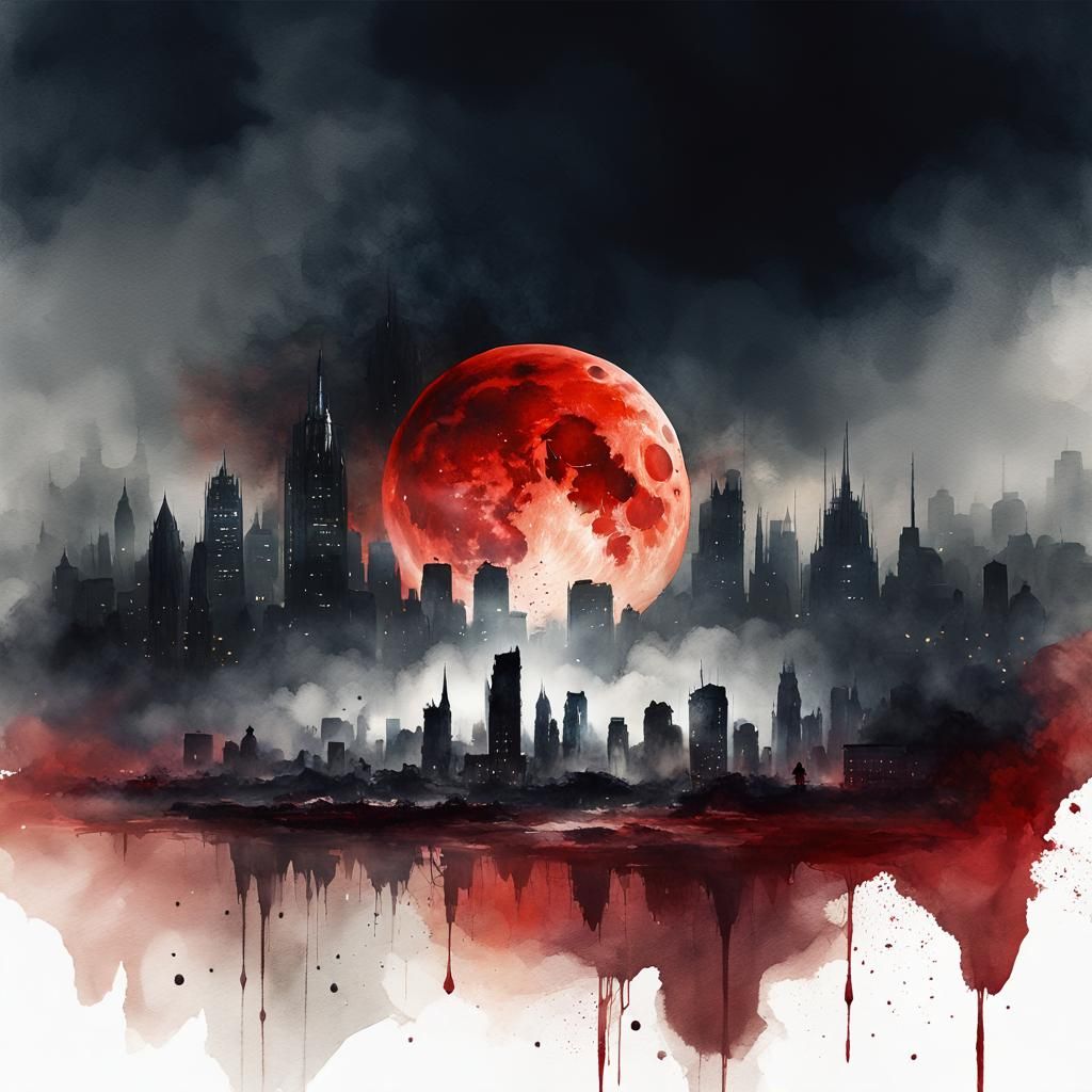 Blood Moon Over Futuristic City in Watercolor