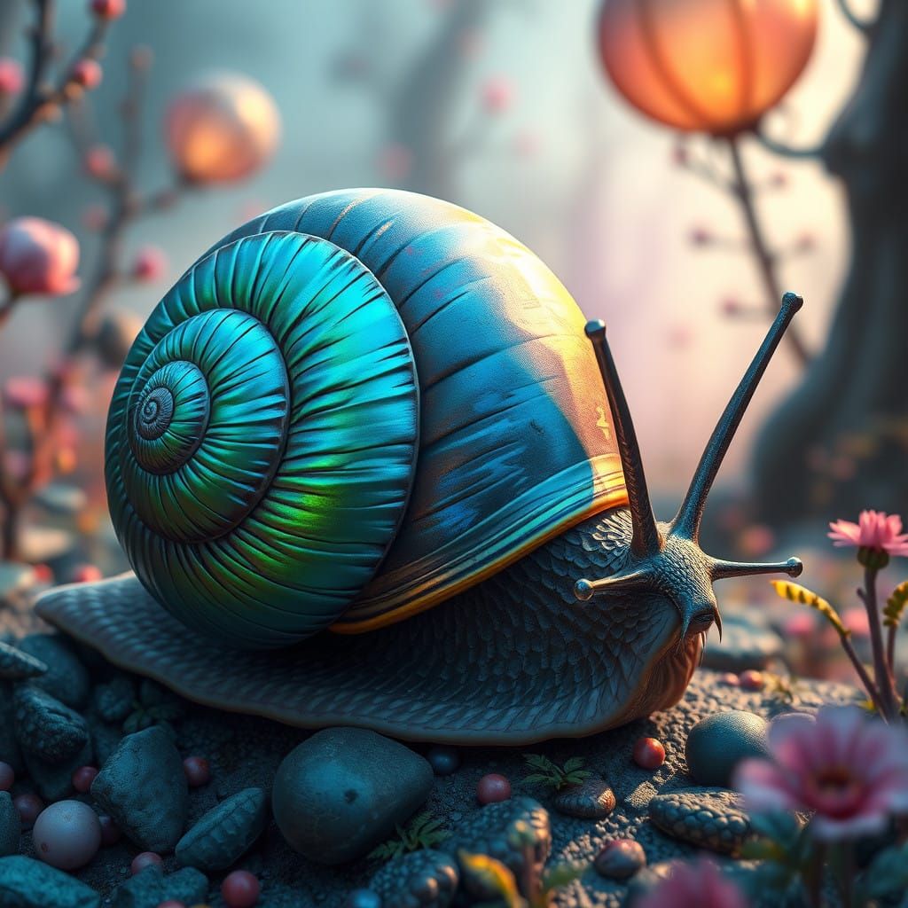 Majestic Emerald and Sapphire Snail in Dreamlike Fantasy Env...