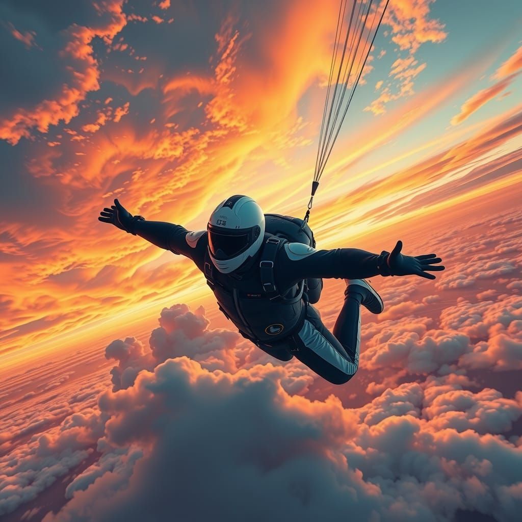 Skydiver Soaring at Sunset in Fantasy Concept Art Style