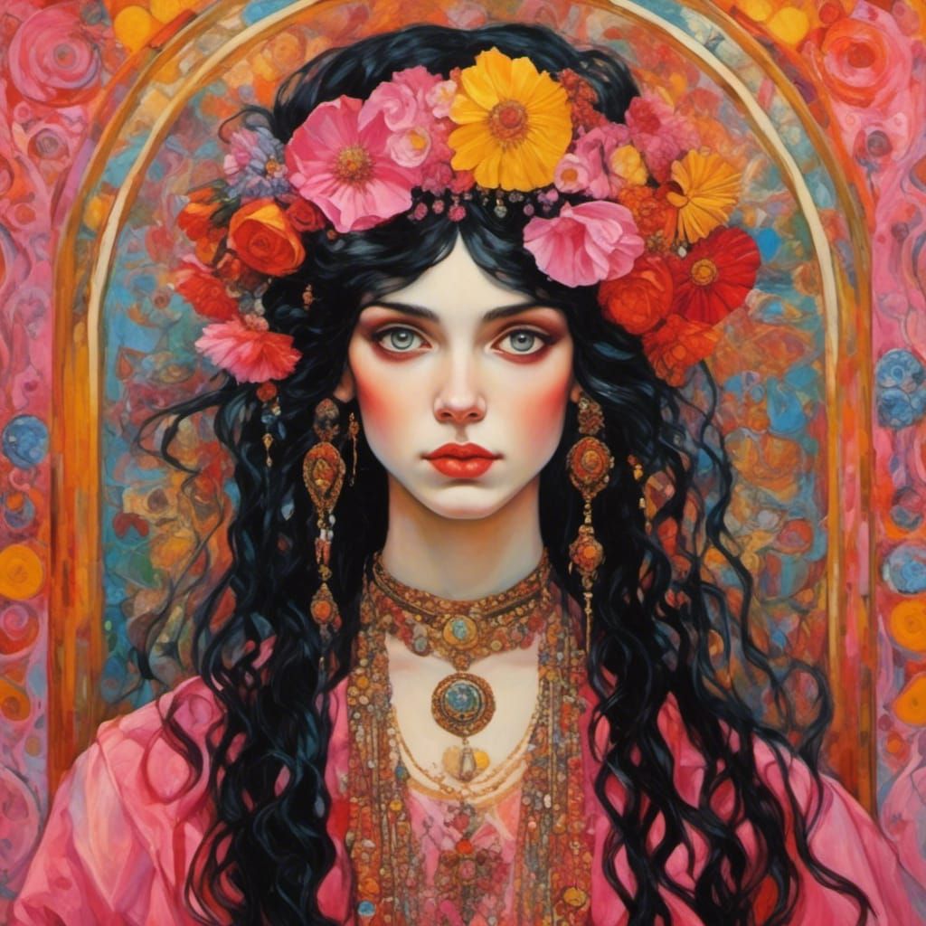 Psychedelic Hippie Girl in Maximalist Style