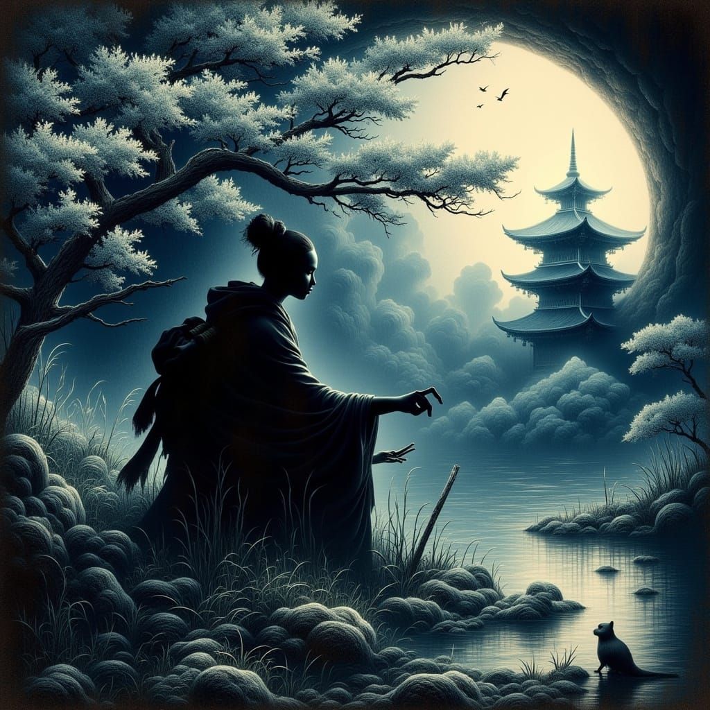 Ninja in Shadows Hiding Behind Geisha, Alcohol Ink Art